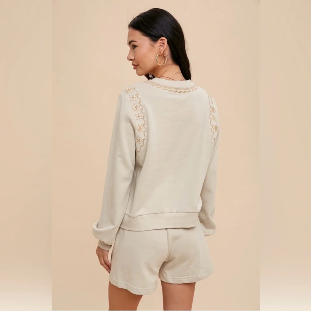 Women’s Embroidered Cream Lounge Sweatshirt and Shorts Set - Picture 5 of 5